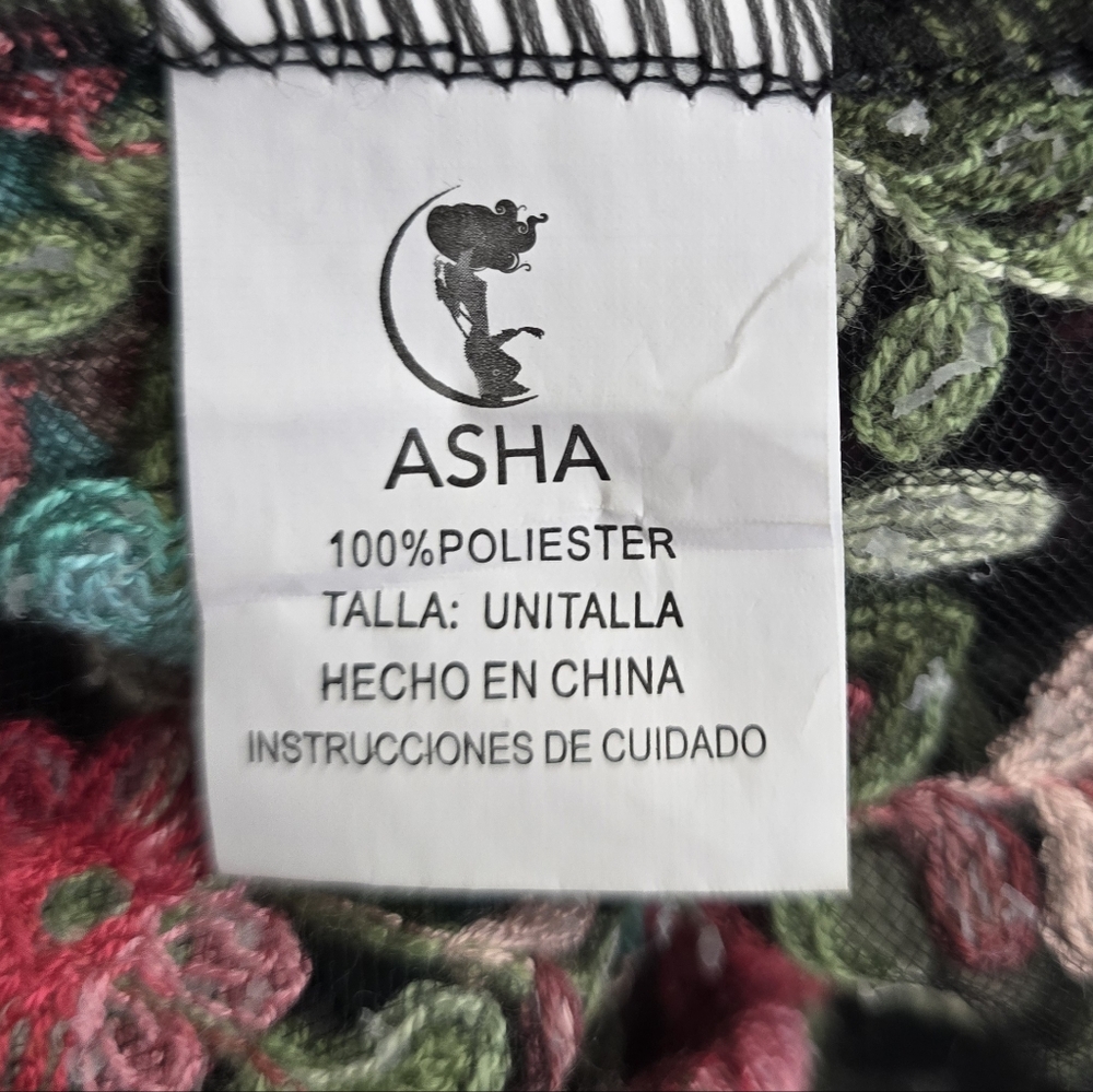 Asha Sheer Black Embroidered Kimono Robe Sz L Boho Festival Duster Floral Fringe - Picture 6 of 6
